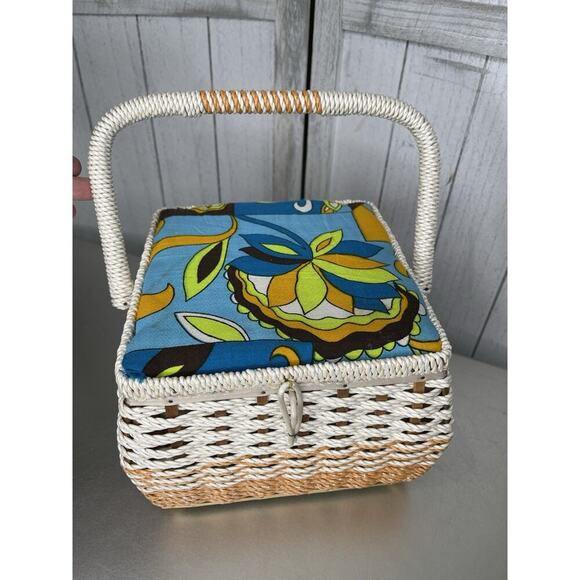 Vintage 70s Sewing Basket Retro Square Woven Blue Green Floral Psychedelic Japan - Picture 1 of 11